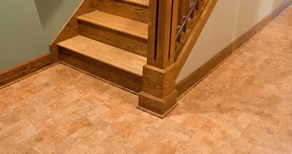 End of a staircase with cork flooring in Huntsville, AL