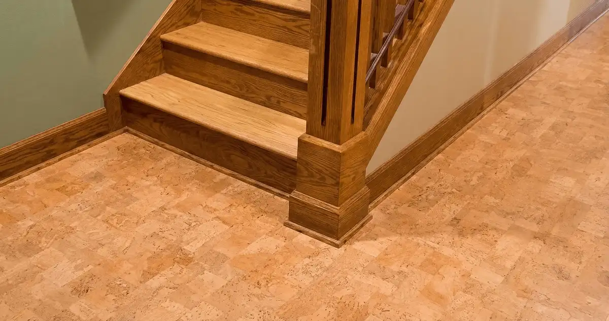 End of a staircase with cork flooring in Huntsville, AL