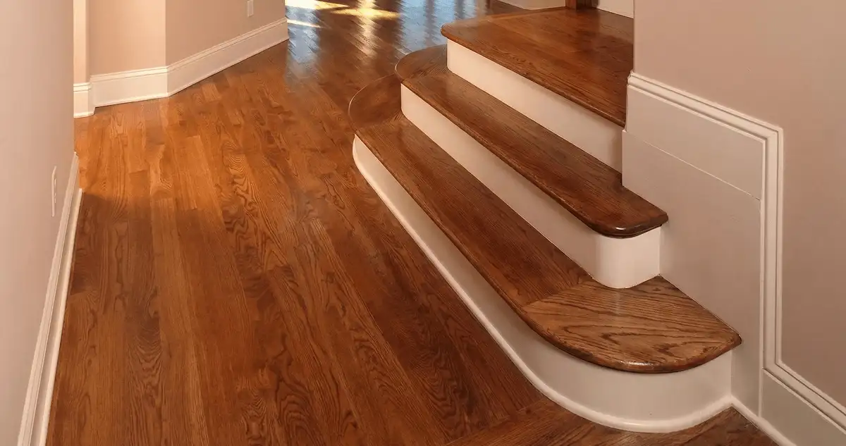 Base floor of a staircase with professionally restored wood flooring in Huntsville AL