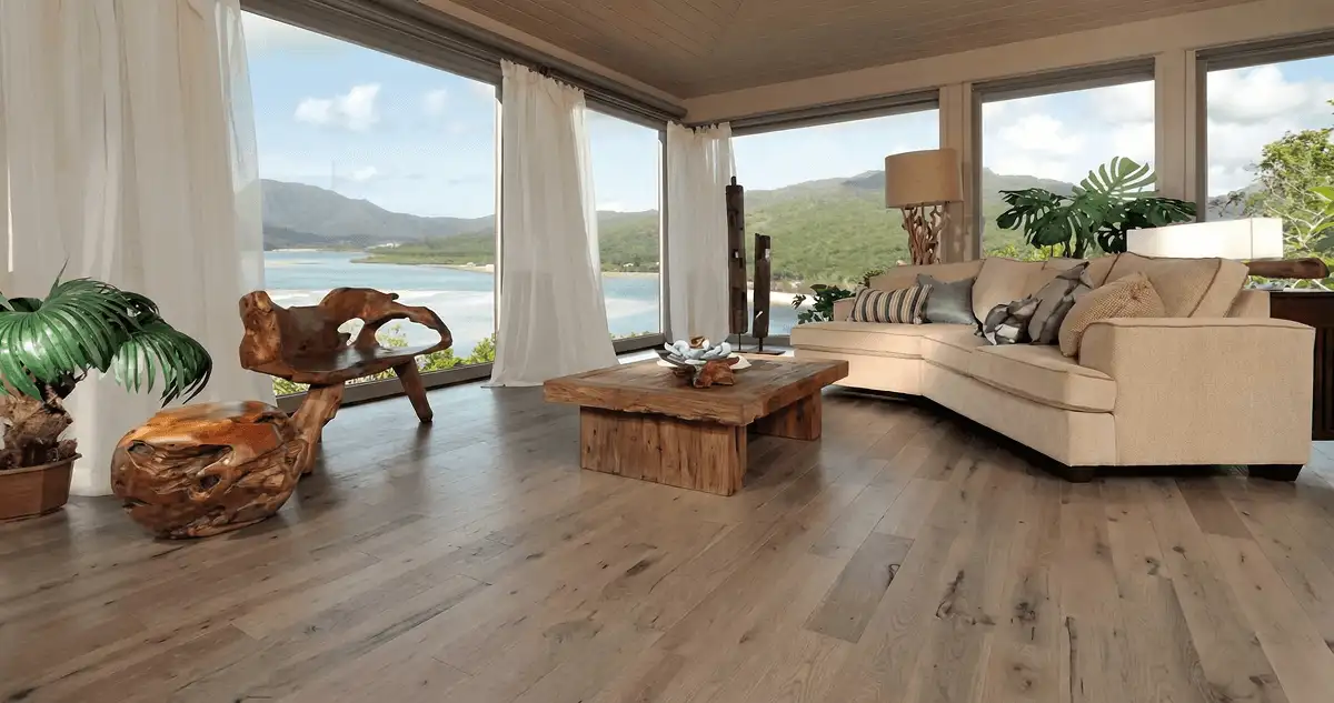 Professionally installed vinyl flooring in a modern living room with large windows in Huntsville, AL